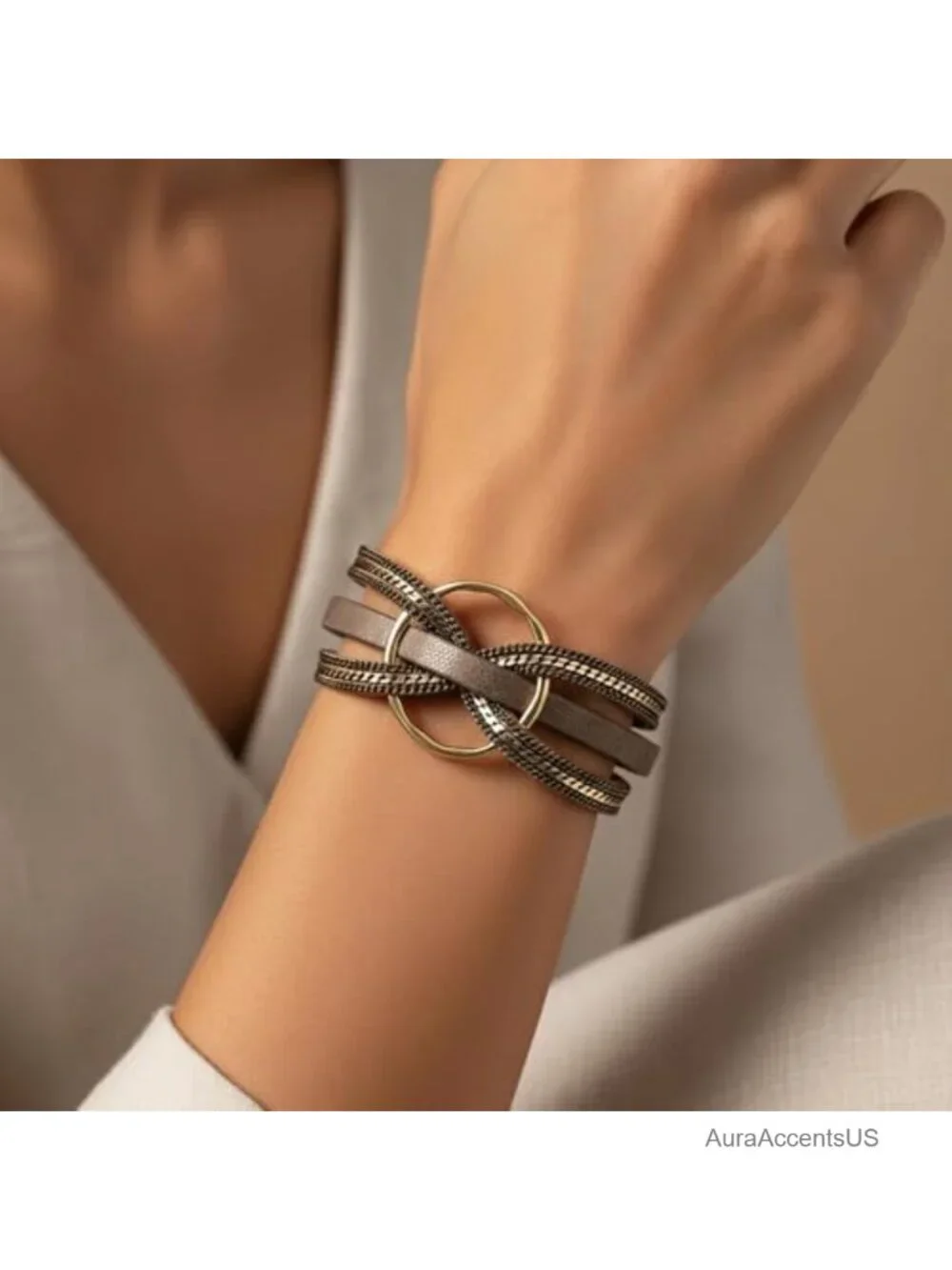 Leather Wrap Bracelet for Women, Boho Layered Cuff Bangle, Easy-On Closure,